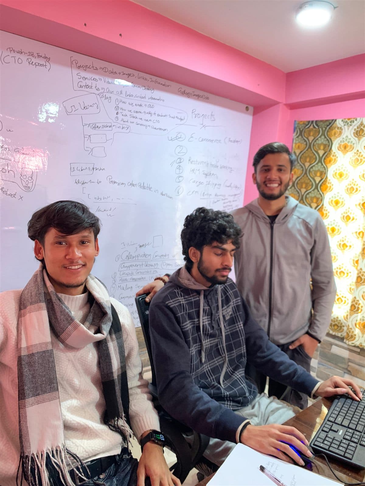 Eyes back on the screen - One of us kept working while the other two posed.