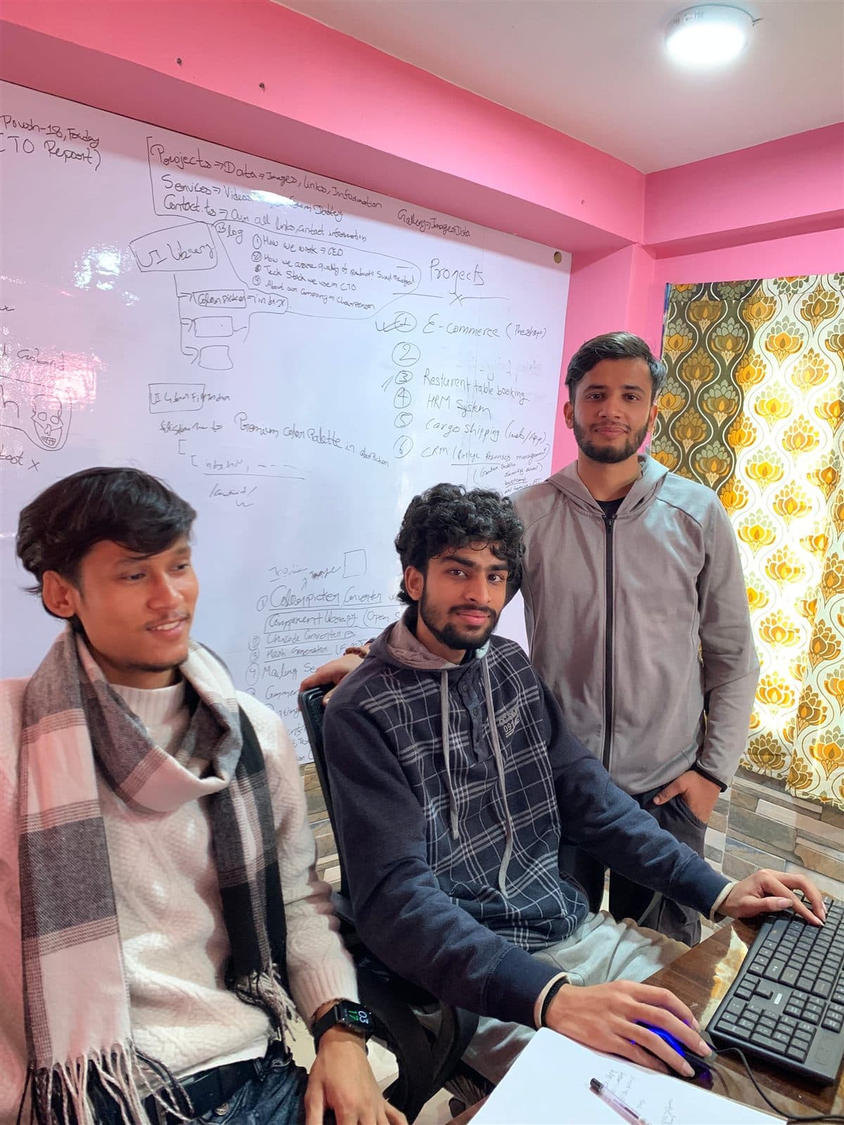 The team, mid-session - The whiteboard plan for this website, still up, still being argued with.